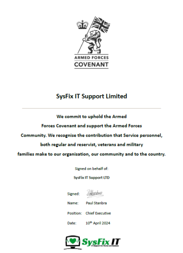SysFix IT signs the Armed Forces Covenant.