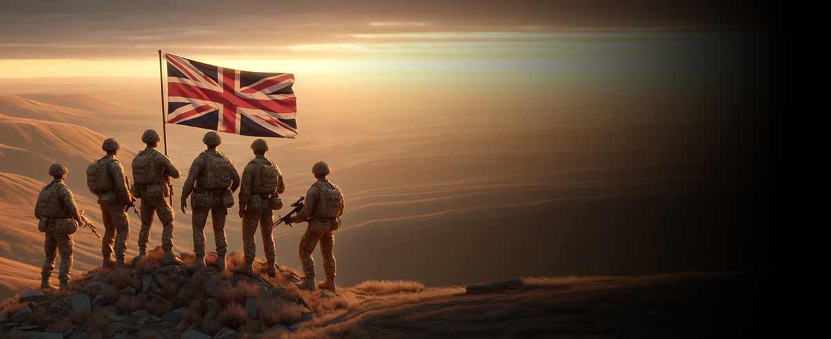UK Armed forces stood on a mountain with the british flag