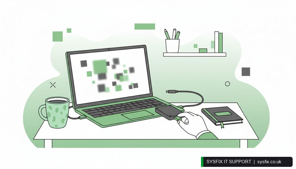Hands connecting an external backup drive to a laptop on an office desk