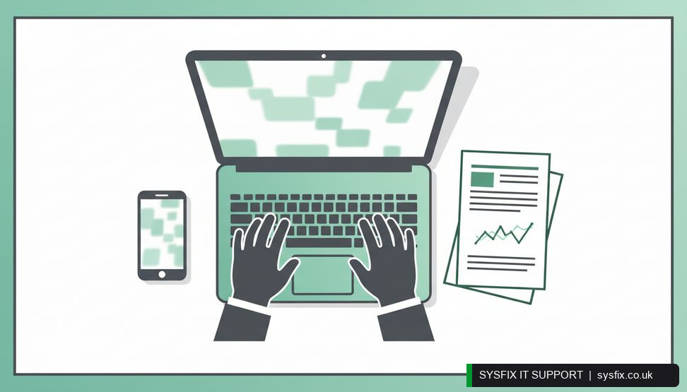 Close-up of hands typing on a laptop next to a phone and printed document in an office