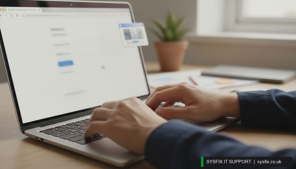Hands typing on a laptop with a web form and helpdesk ticket on screen