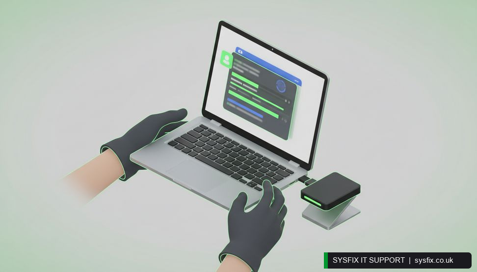 Technician checking a laptop backup and restore process with an external drive nearby