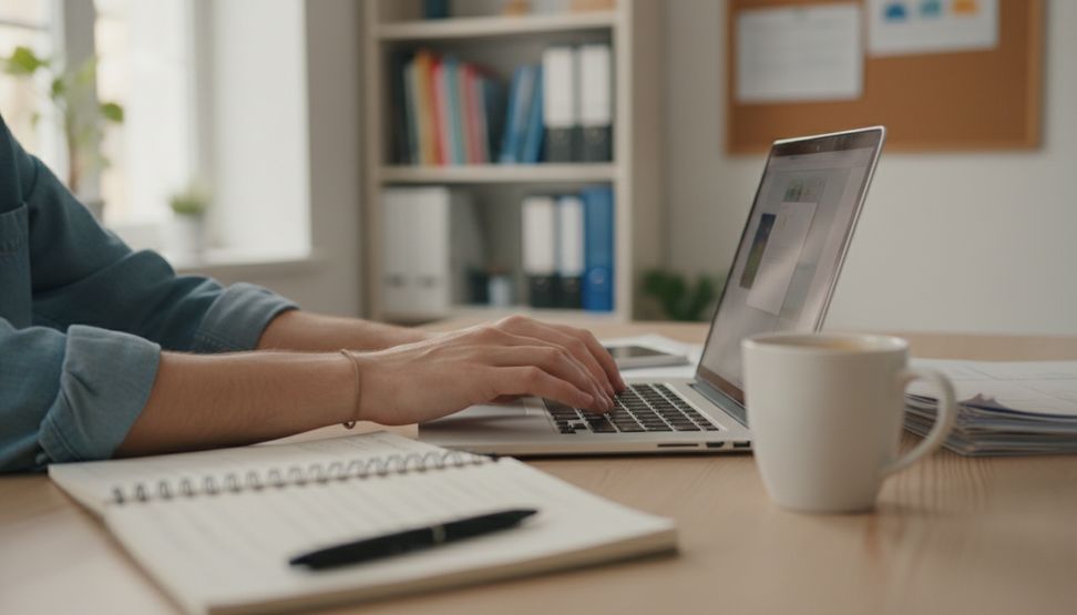 Hands typing on a laptop in a small charity office with a notebook and mug nearby