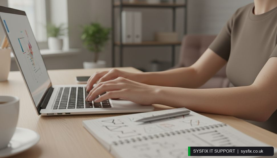 Hands typing on a laptop next to a notebook with mailbox and DNS notes during an email migration.