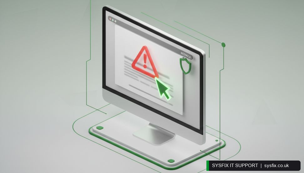 Computer screen showing a phishing email with a warning icon and a shield symbol