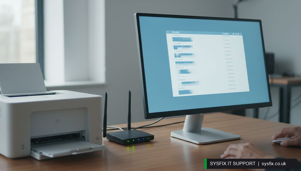Print queue on a computer screen beside a printer and router, illustrating clearing stuck print jobs