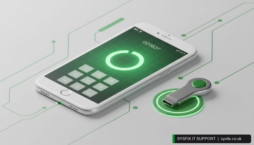 Smartphone showing a number matching prompt beside a security key on a desk.