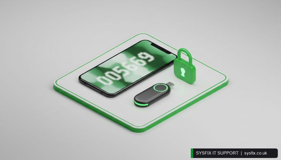Smartphone showing an authentication code next to a hardware security key and a padlock icon